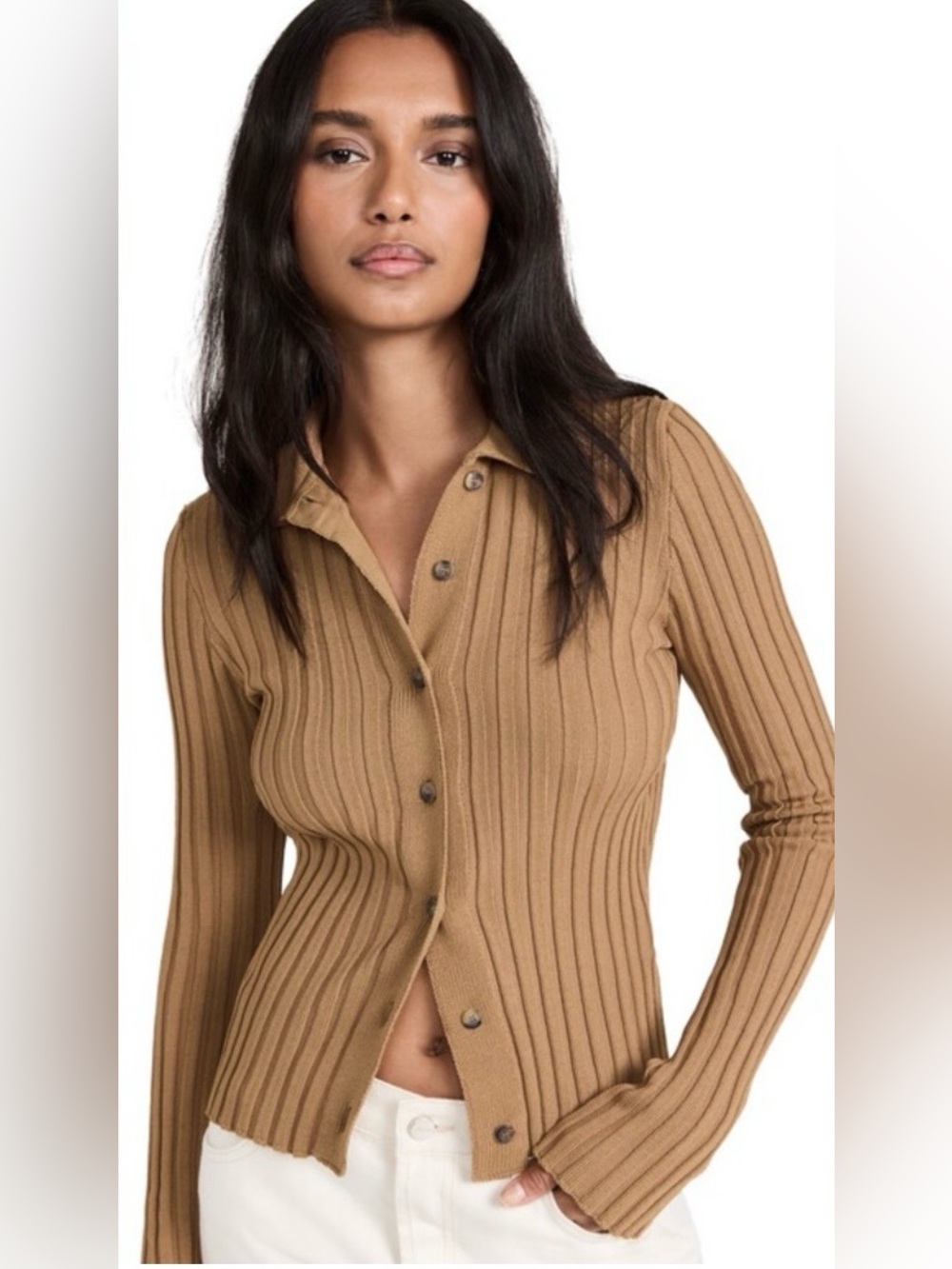 Anine Bing Camel Ribbed Button-Front Cardigan